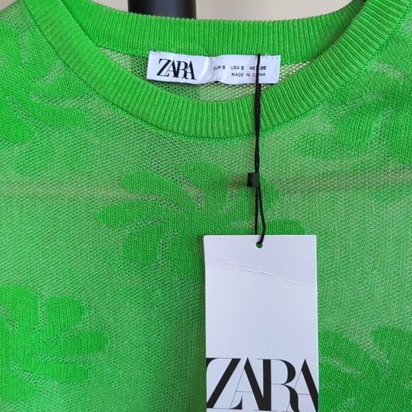 ZARA Mesh Floral Knit Metallic Effect Long Sleeve Neon Green 💚 Top NWT - Picture 3 of 11